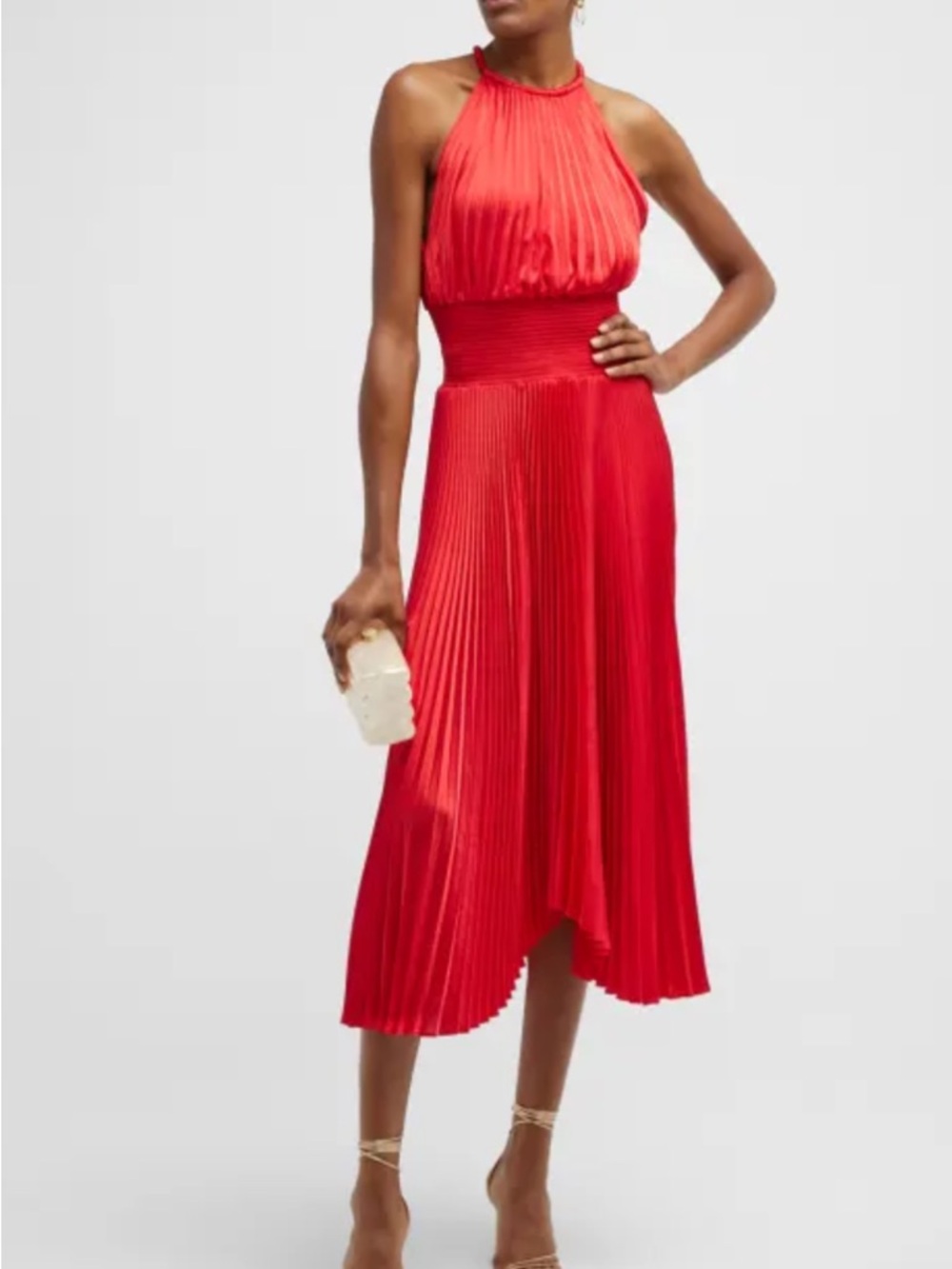 A.L.C Renzo Satin Pleated Halter Neck Dress Vibrant Red